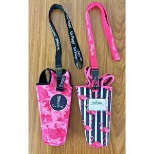 2 Six Flags Neoprene Water Bottle Holder with Lanyard Pixel Pink Flamingo Stripe